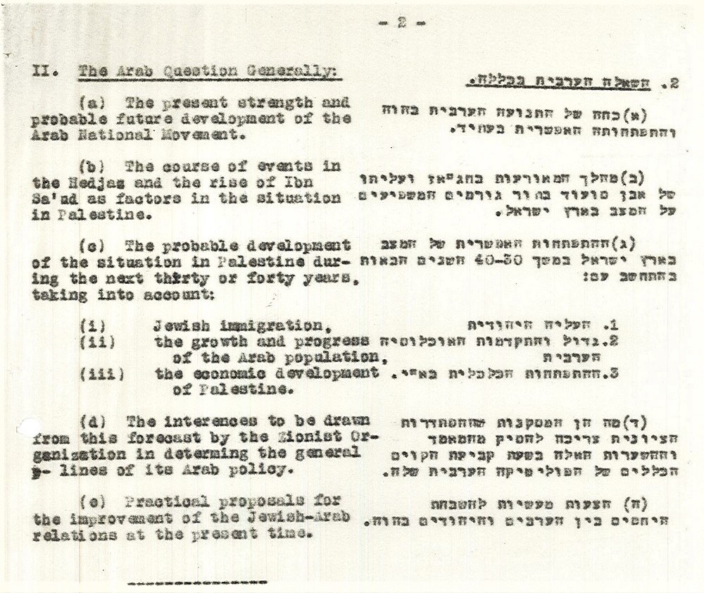 נוסח שאלון ההנהלה הציונית בעברית ובאנגלית (S25\4165)